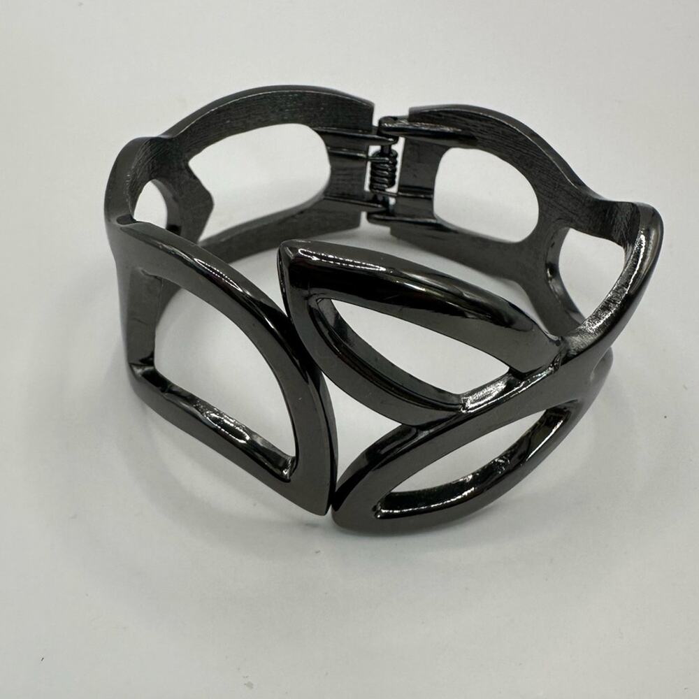 Gunmetal Hinge Bangle Organic Leaf Open Design Bracelet Costume Jewelry